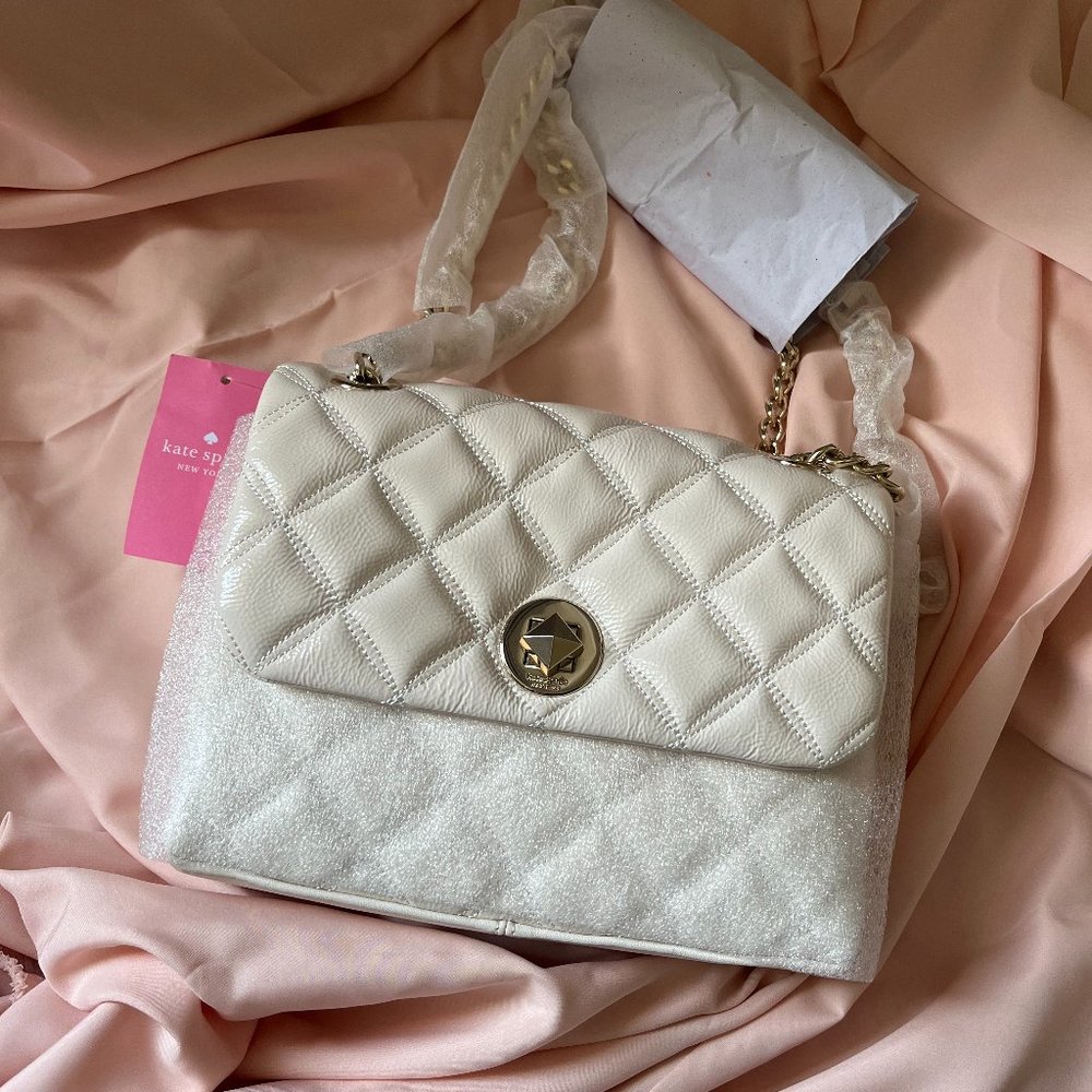 New Kate Spade Natalia Quilted Crinkle Patent Leather Small Flap Crossbody